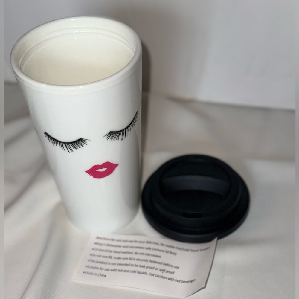 White Travel Mug with Eyelash and Lip Design